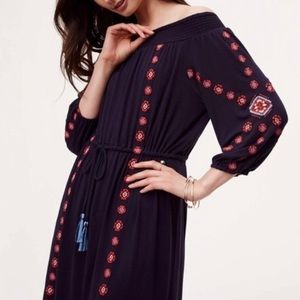 LOFT Navy Blue Off Shoulder Dress with Embroidery and Waist Tie Size XS
